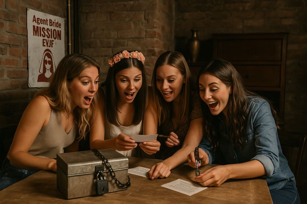 Groupe de jeunes femmes concentrĂ©es sur une Ă©nigme dans un escape game EVJF, dans une piĂšce au dĂ©cor vintage avec cadenas et affiche âAgent Bride Mission EVJFâ