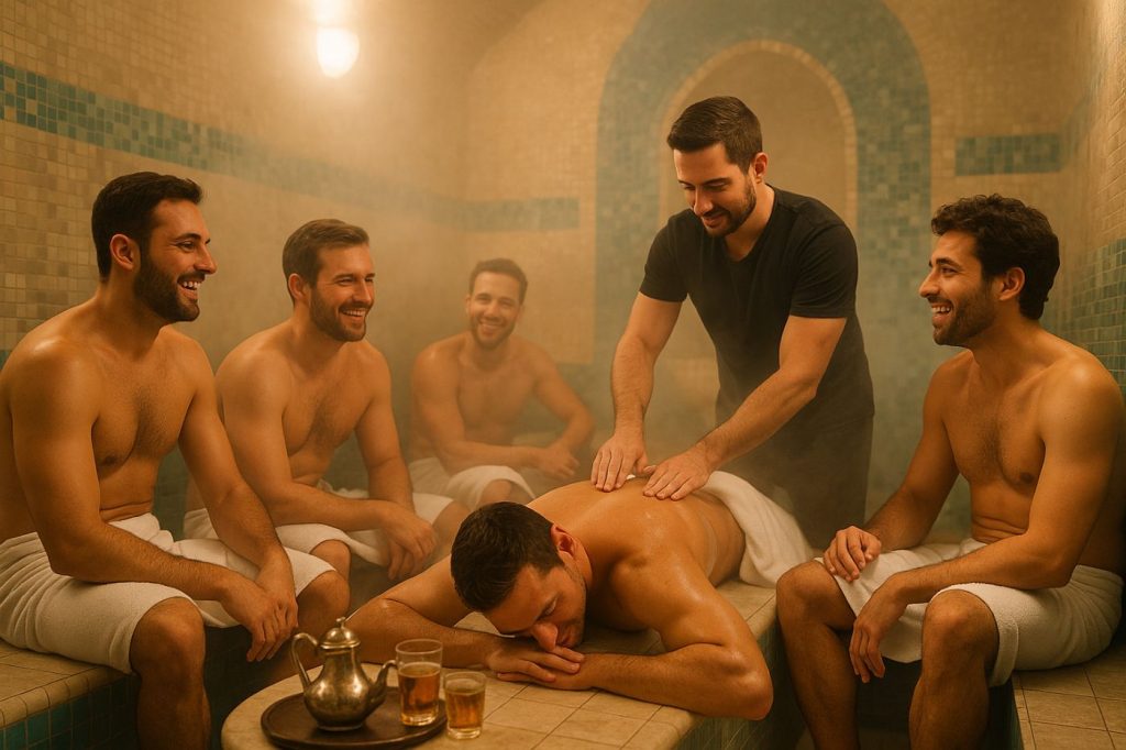 EVG bien-être à Paris : des amis profitent d’un moment relaxant dans un hammam élégant avec massage et thé à la menthe, sans alcool