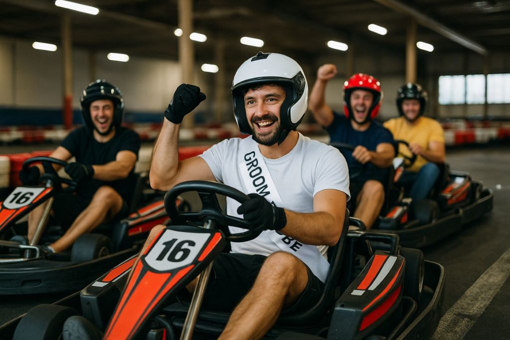 Enterrement de vie de garçon à Paris : le futur marié et ses amis font une course de karting en intérieur pour une activité EVG fun et originale