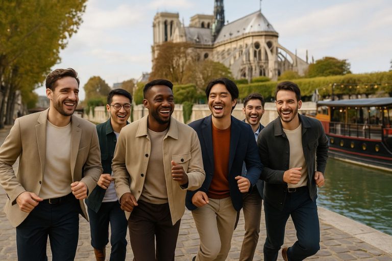Enterrement de vie de garçon à Paris : un groupe d’amis trentenaires court en riant sur les quais de Seine, en tenue moderne, direction une activité insolite avec Notre-Dame en arrière-plan