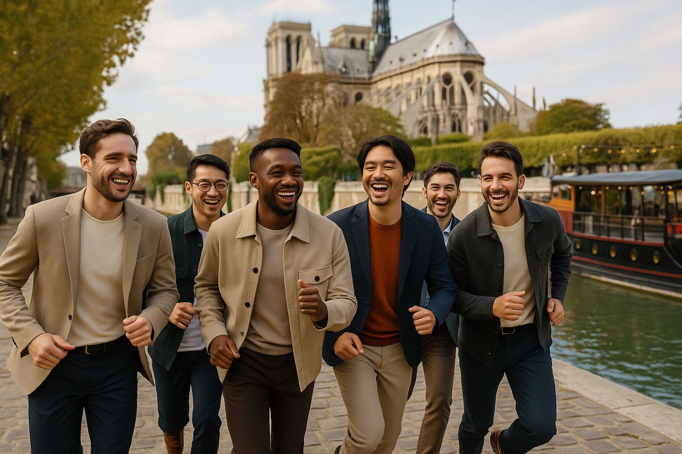 Enterrement de vie de garçon à Paris : un groupe d’amis trentenaires court en riant sur les quais de Seine, en tenue moderne, direction une activité insolite avec Notre-Dame en arrière-plan
