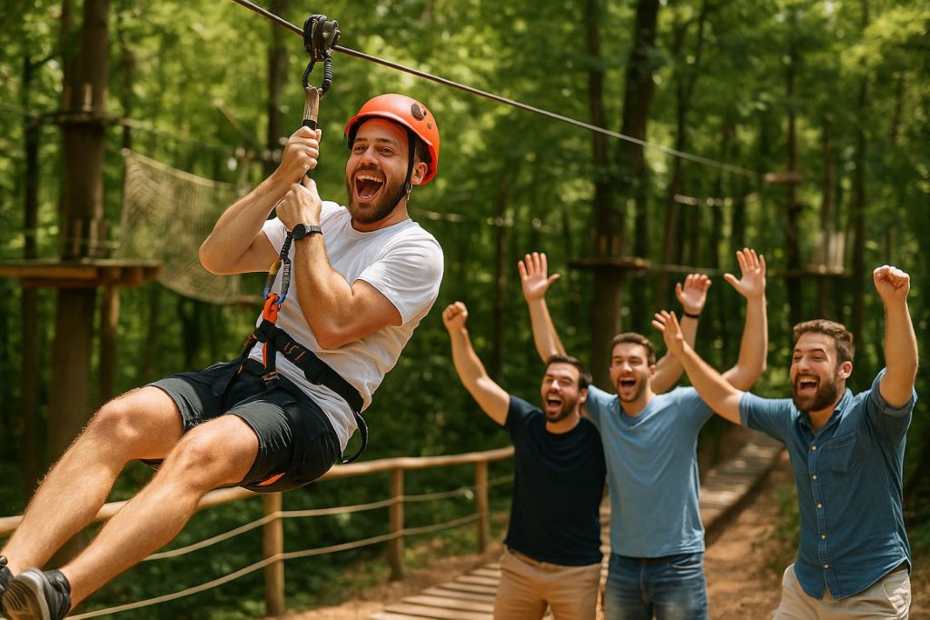Enterrement de vie de garçon à Paris : des amis encouragent le futur marié lancé en tyrolienne dans un parc accrobranche pour une activité à sensations fortes