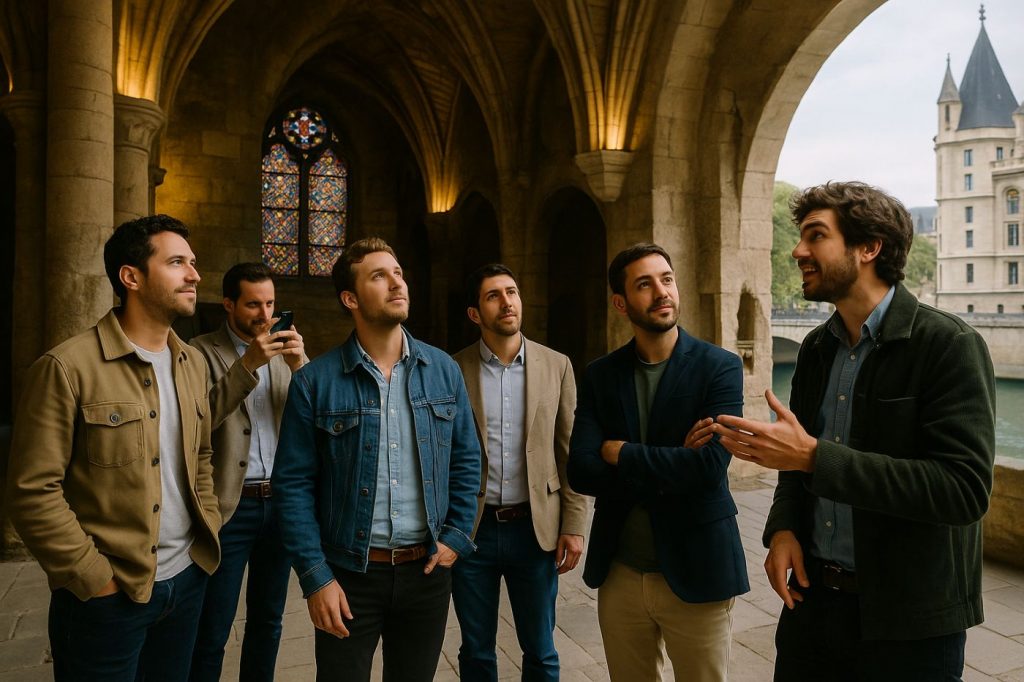 EVG culturel à Paris : un groupe d’amis visite la Conciergerie avec un guide, entre architecture gothique, vitraux et ambiance historique