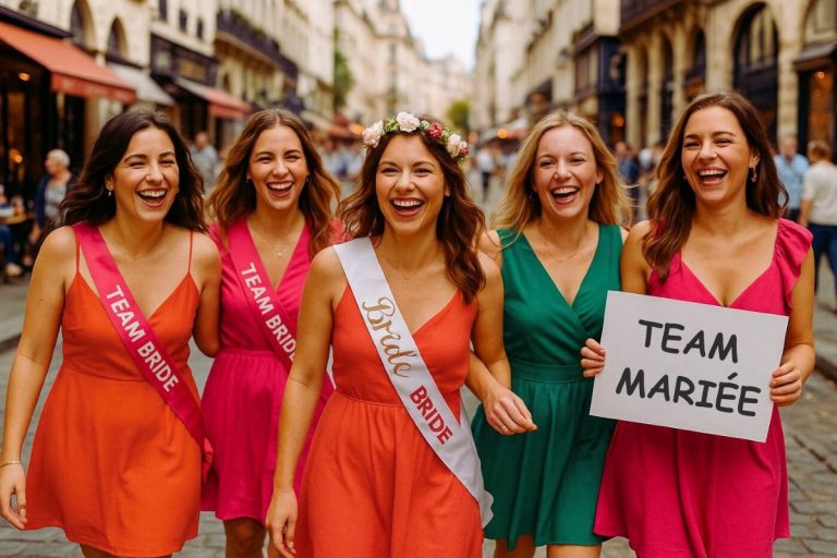 Groupe de femmes en tenues colorées et écharpes "Team Bride" marchant joyeusement dans une rue piétonne de Paris pendant un EVJF festif