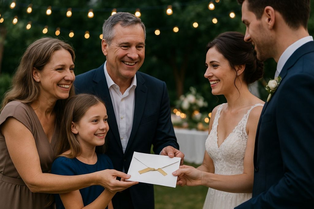 Famille souriante remettant une enveloppe aux mariés pendant le vin d’honneur dans un décor extérieur chic avec guirlandes lumineuses et ambiance chaleureuse