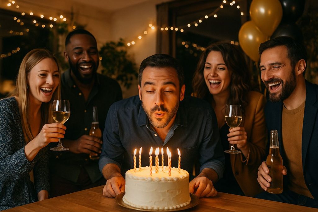 Groupe d’amis adultes célébrant un anniversaire dans une ambiance conviviale avec souffler bougie gateau deco noir et or
