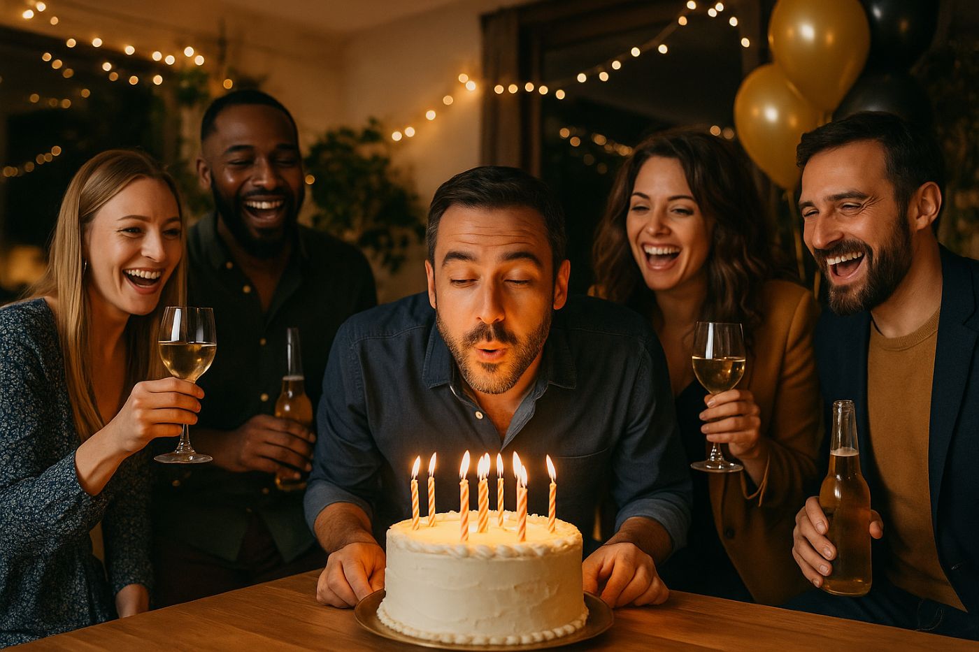 Groupe d’amis adultes célébrant un anniversaire dans une ambiance conviviale avec souffler bougie gateau deco noir et or