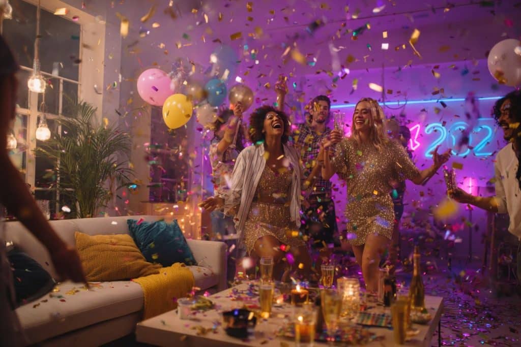fête entre femmes soirée du nouvel an folie salon canapé champagne