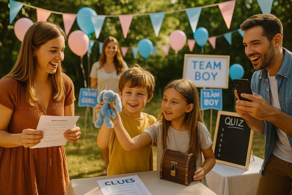 Fête de gender reveal en extérieur avec enfants et adultes participant à une chasse au trésor, décorée en rose et bleu, ambiance joyeuse et familiale