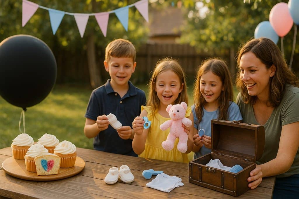 Gender reveal en extérieur avec cupcakes révélateurs et boîte à souvenirs manipulée par des enfants, ambiance chaleureuse et familiale