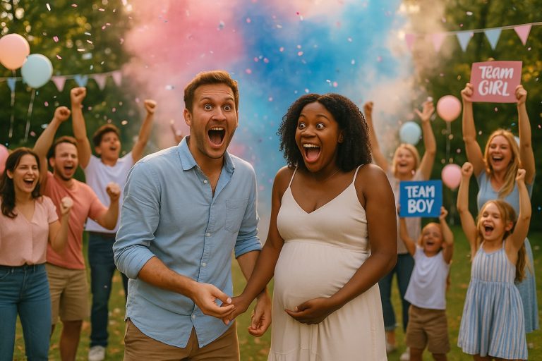 Couple mixte surpris et ému pendant une gender reveal party en extérieur, avec de la fumée rose et bleue et des invités en liesse en arrière-plan