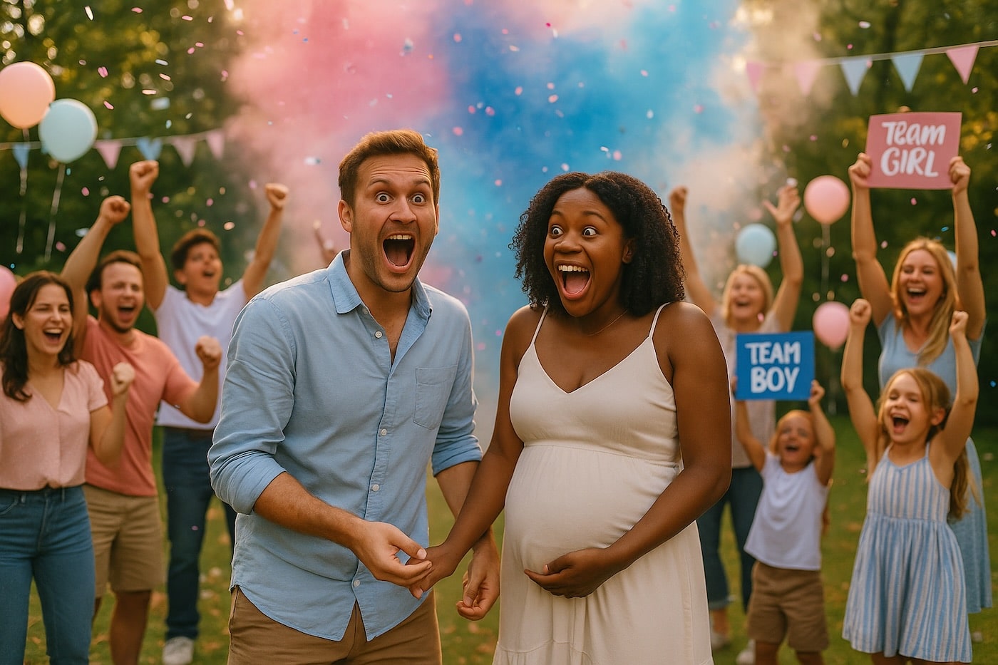 Couple mixte surpris et ému pendant une gender reveal party en extérieur, avec de la fumée rose et bleue et des invités en liesse en arrière-plan