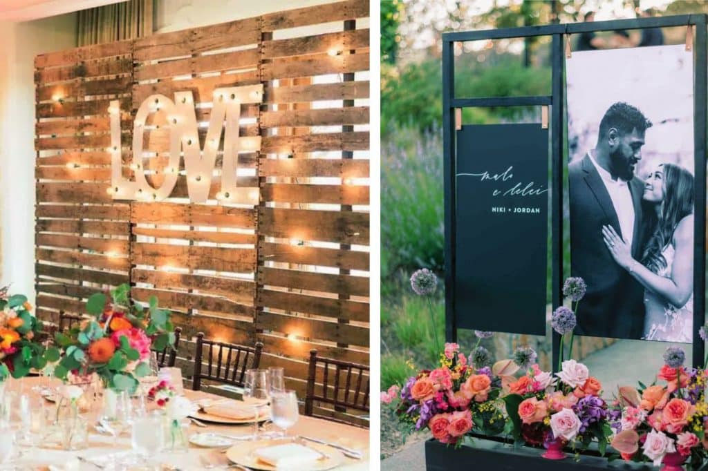 palette bois idée decoration mariage mur photo mariés