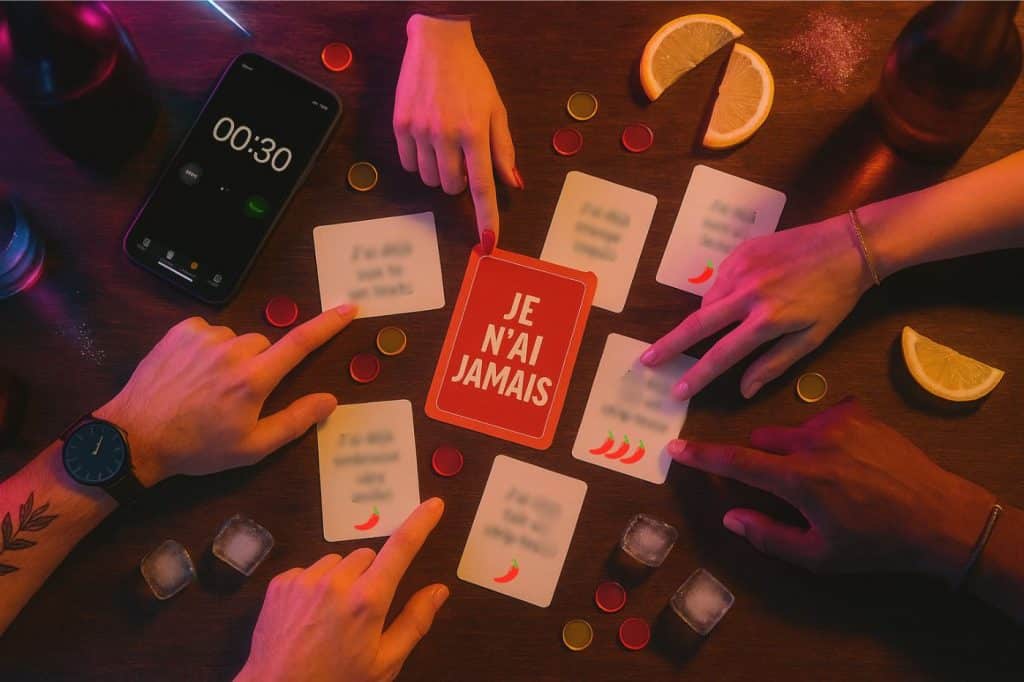 Vue zénithale des cartes du jeu « Je n’ai jamais » épicé, mains mixtes, jetons et minuteur 00:30, ambiance fête d’anniversaire adulte.