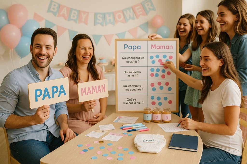 Futurs parents jouant au jeu “Papa ou Maman” lors d’une baby shower, avec pancartes, tableau de votes et ambiance joyeuse entre invités