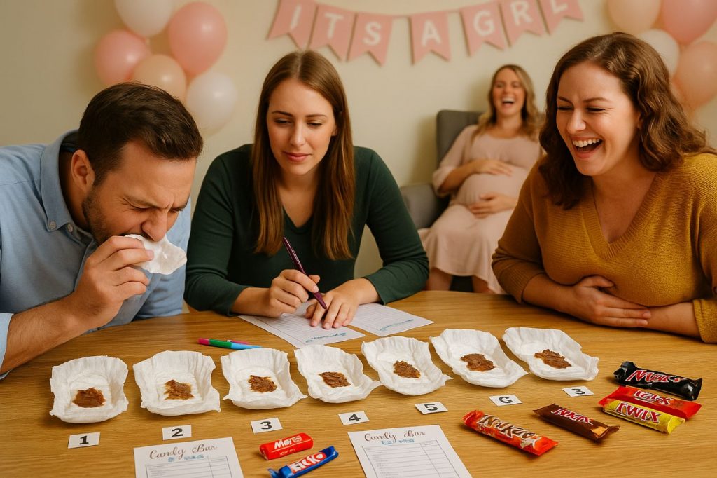 Invités participant au jeu baby shower "test de la barre chocolatée", devinant des chocolats fondus dans des couches, sous les rires de la future maman