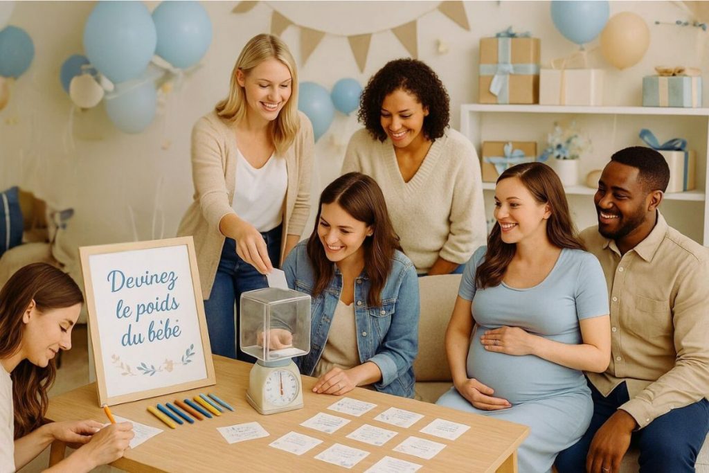 Invités jouant au jeu "Devinez le poids du bébé" lors d'une baby shower, avec carte de pronostics et future maman souriante
