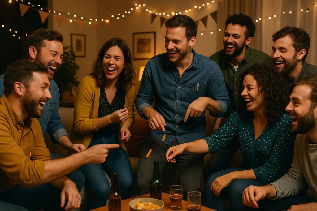 Groupe d'adultes jouant au jeu des pinces à linge pendant une soirée conviviale et festive