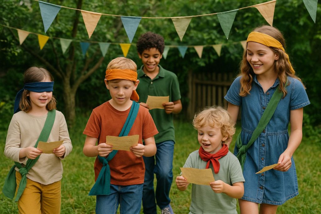 Enfants de 3 à 12 ans jouant à une chasse au trésor écoresponsable avec foulards en coton bio et indices sur papier recyclé dans un jardin festif.