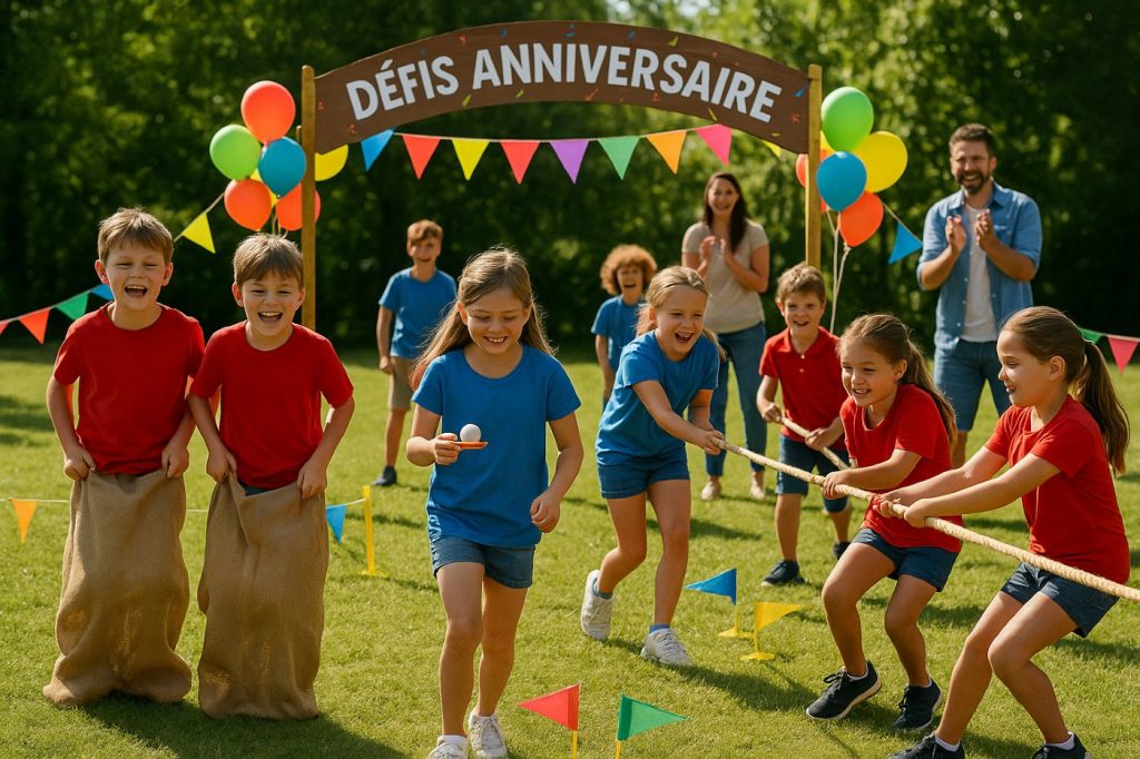 Enfants en t-shirts rouges et bleus participant à des jeux d'équipe lors d’un anniversaire en plein air avec arche “Défis anniversaire” et ambiance festive