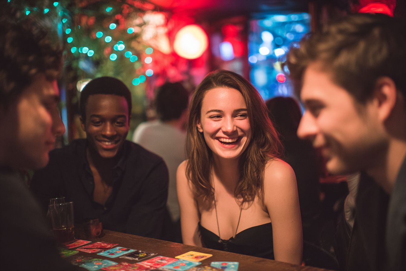 Groupe d’amis jouant à des jeux d’anniversaire avec accessoires, buzzer et smartphone, ambiance conviviale