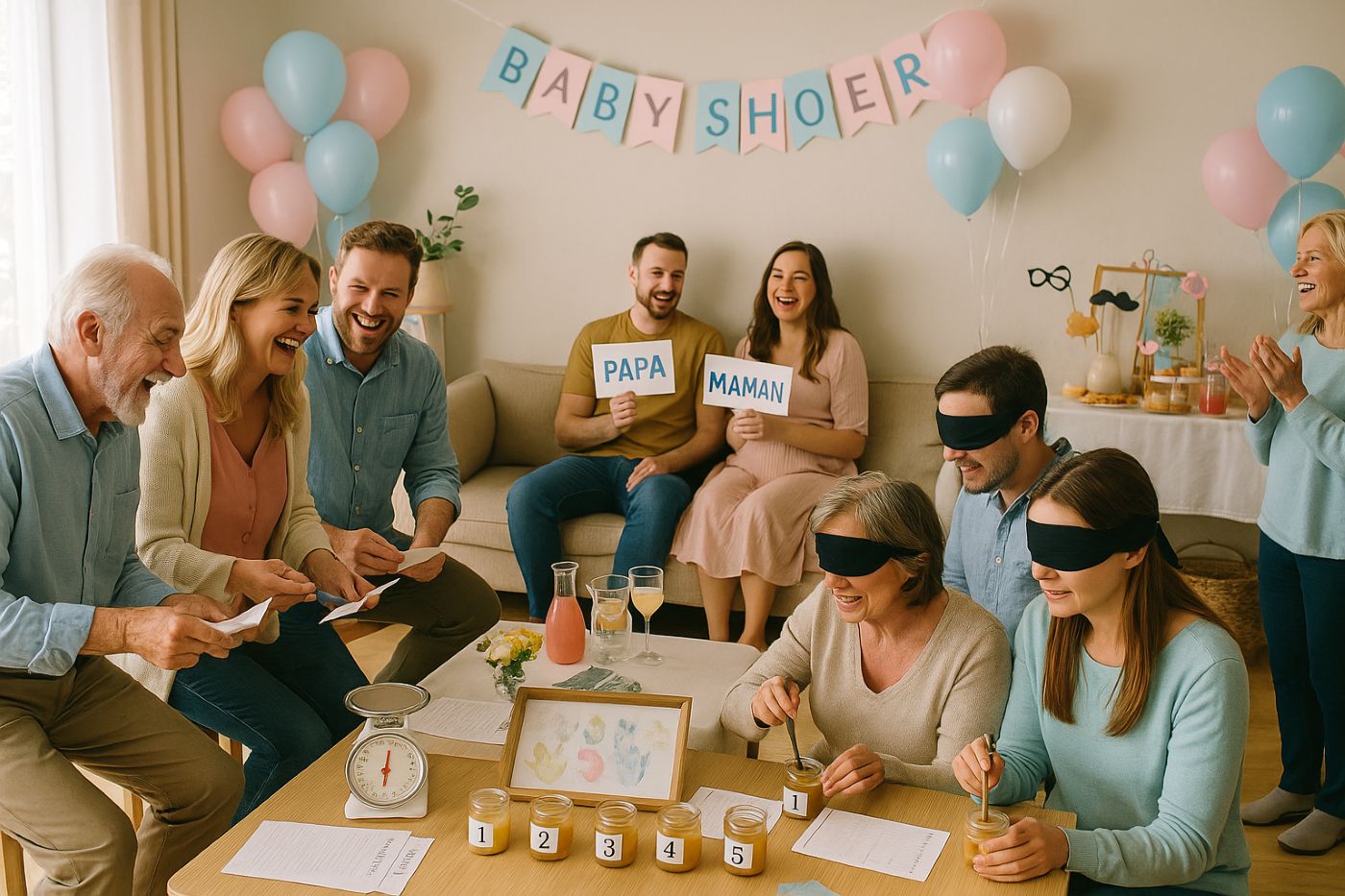 Invités de tous âges participant à plusieurs jeux de baby shower en intérieur, avec dégustation à l’aveugle, pronostics et jeu “Papa ou Maman”, dans une ambiance festive et pastel