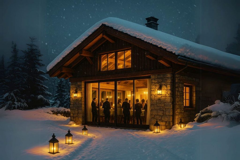 Chalet de montagne chaleureux comme lieu de réception pour mariage en hiver