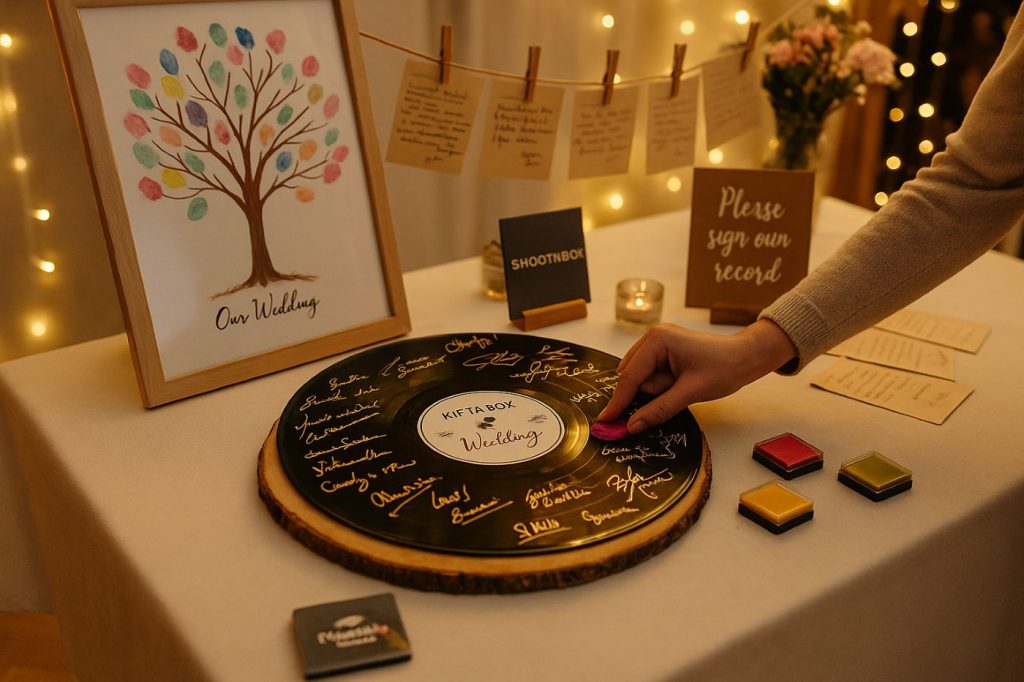 Table de mariage souvenir avec disque vinyle signé, arbre à empreintes coloré et cartes postales manuscrites suspendues