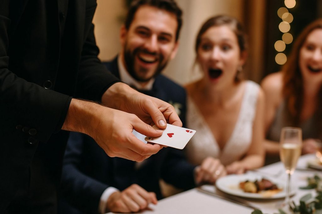 Magicien close-up divertissant les invités pendant le repas de mariage carte as de coeur table