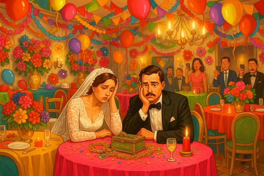 Illustration humoristique d'une salle de mariage avec une décoration ratée et kitsch : murs surchargés de guirlandes multicolores, fleurs en plastique criardes, ballons dégonflés et mariés désespérés entourés d'invités gênés.
