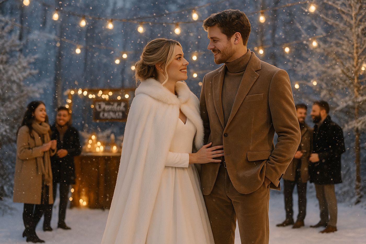 Couple de mariés s’embrassant sous la neige pendant un mariage hivernal féérique