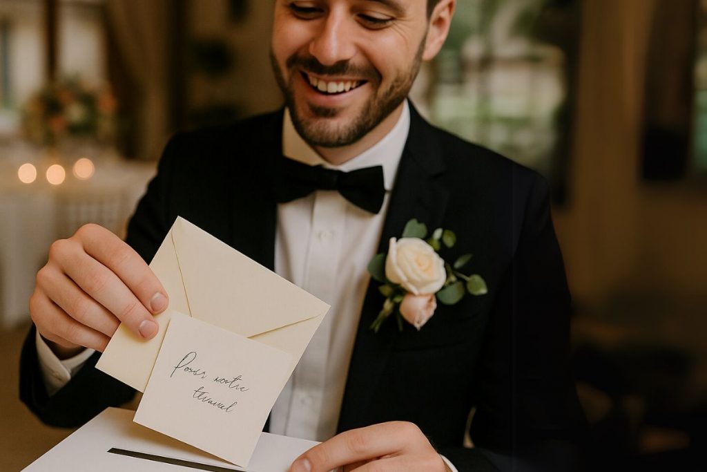 Marié souriant découvrant une enveloppe dans l’urne prévue pour les cadeaux de mariage, avec un message manuscrit visible et décor de réception en arrière-plan