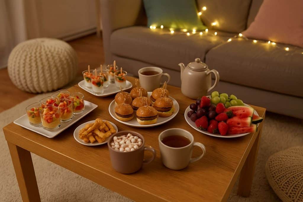 Buffet gourmand pour une soirée pyjama adulte table basse salon fruits pastèque chamallow