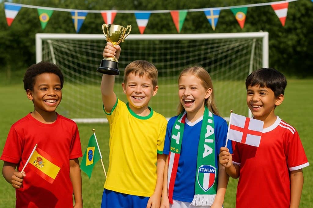 Enfants jouant une mini Coupe du Monde lors d'un anniversaire football terrain but photo drapeau coupe trophée