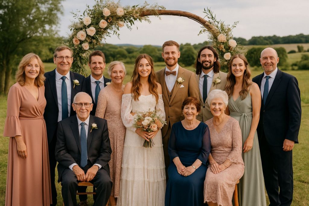 Photo de groupe mariage posée avec la famille proche devant une arche fleurie