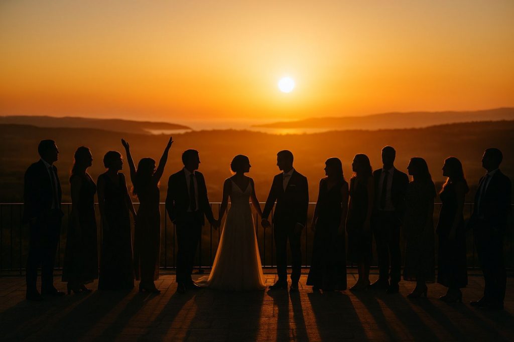 Photo de groupe de mariage au coucher de soleil avec ambiance romantique ombre silhouette invités mariés