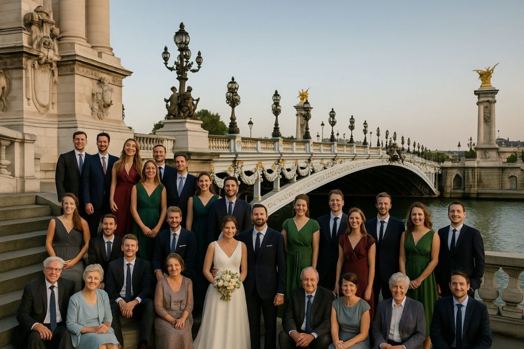 Groupe d’invités posant devant un lieu emblématique pendant un mariage pont alexandre III paris bord de seine famille