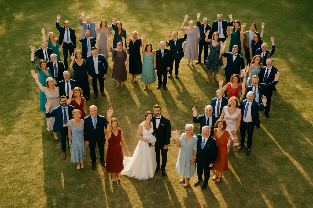 Vue en hauteur d’un groupe formant un cœur autour des mariés amis famille proche invités