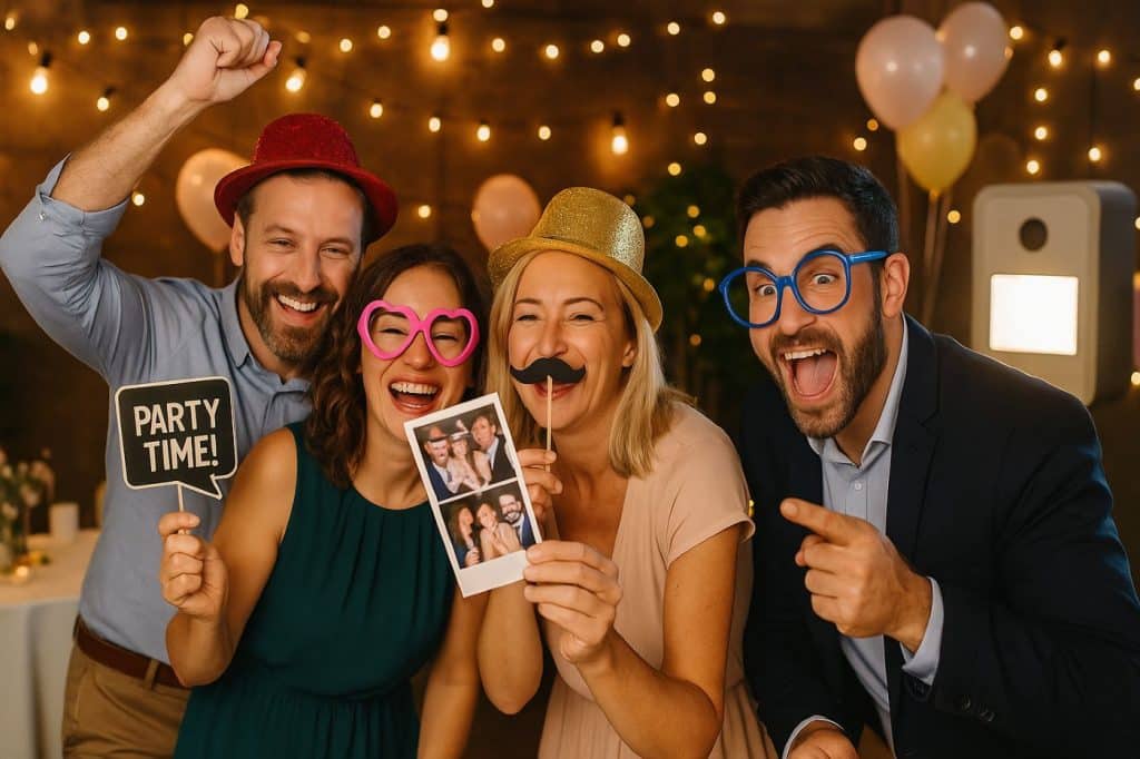 Groupe d’invités adultes posant avec des accessoires fun dans un coin photobooth animé lors d’un anniversaire, ambiance festive et conviviale