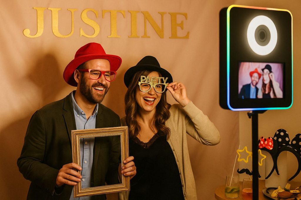 Photobooth d’anniversaire adulte avec accessoires festifs kiftabox photomaton mur photo invités cadre coin photo