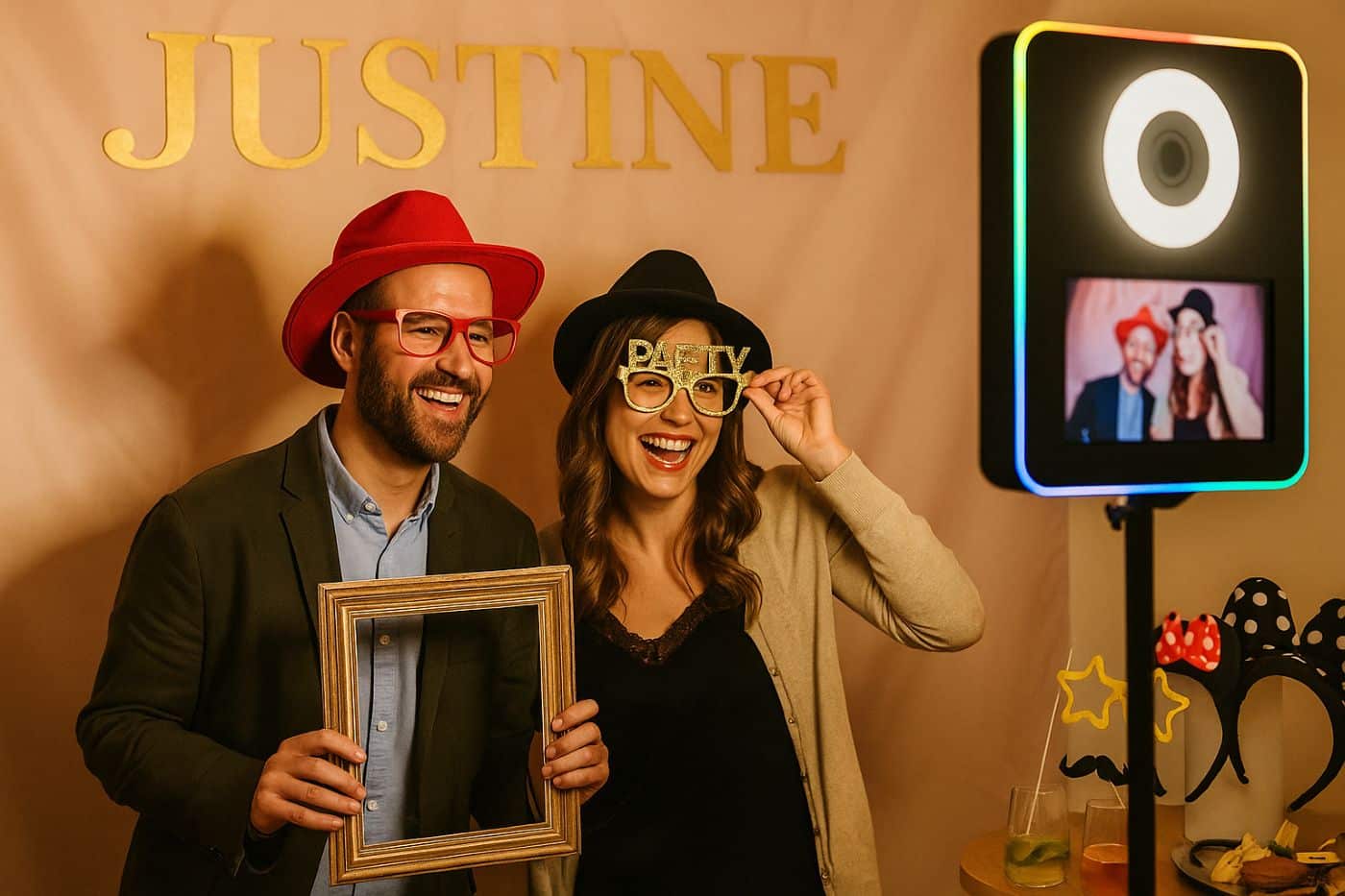 Toile de fond photobooth pour un anniversaire adulte avec accessoires festifs