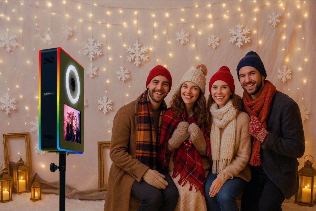 Photobooth d’un mariage hivernal avec accessoires saisonniers et lumière douce bonnet écharpe kiftabox photocall flocon neige déco cérémonie