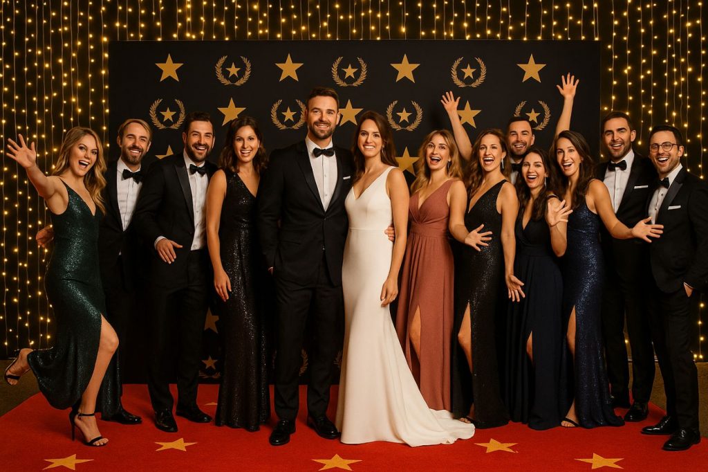 Groupe d’invités à un mariage sur le thème cinéma posant façon Oscars tapis rouge glamour