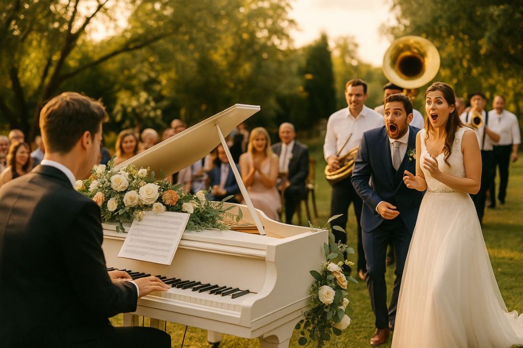 Mariés surpris par une fanfare pendant qu’un pianiste joue en plein air, lors d’une réception de mariage au coucher du soleil