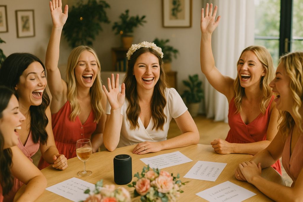Groupe de femmes riant autour dâune table pendant un blind test EVJF, la mariĂ©e au centre lĂšve la main avec ses amies dans une ambiance joyeuse et festive