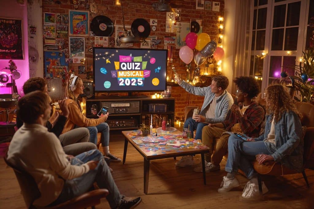 télévision quizz musical entre amis autour d'une table basse soirée salon réveillon 31 chill nouvel an jeu