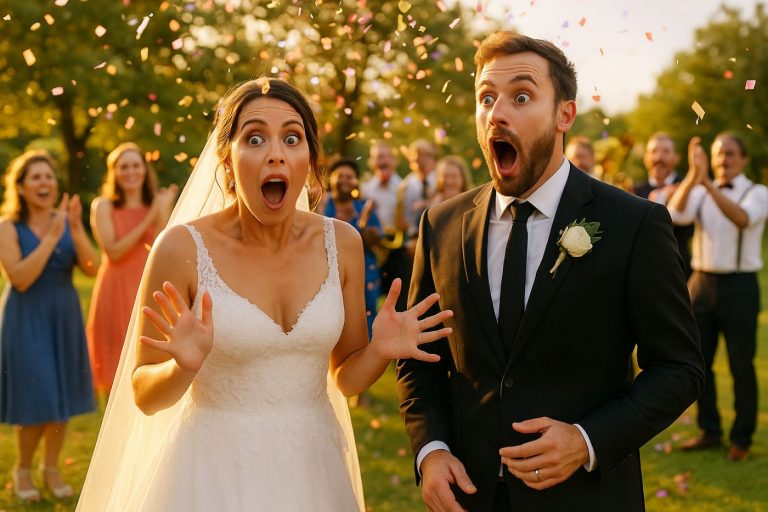 Mariés bouche bée et choqués par une surprise lors d’un mariage en extérieur, entourés d’invités sous une pluie de confettis