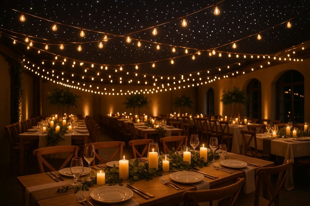 Salle de mariage décorée avec guirlandes LED, bougies végétales et plafond étoilé en fibres optiques.