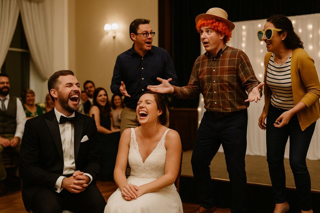 Mariés éclatant de rire devant un sketch humoristique joué par leurs amis sur une petite scène pendant la réception de mariage