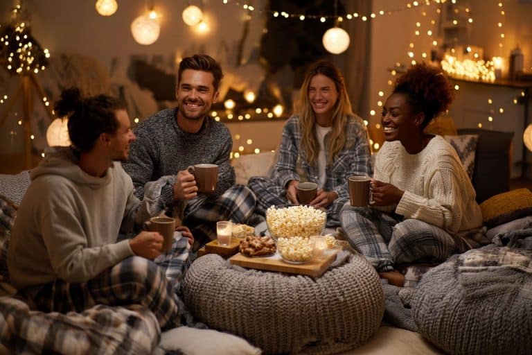 Groupe d’amis en pyjama cocooning, assis sur des coussins avec snacks et chocolat chaud lors d’une soirée pyjama adulte